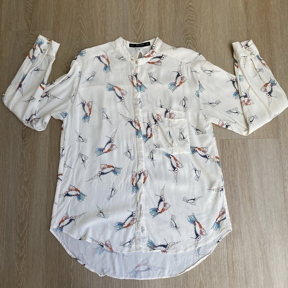 Zara Basic Women Hummingbird Bird Print Blouse SZ M Viscose Button Up White Top